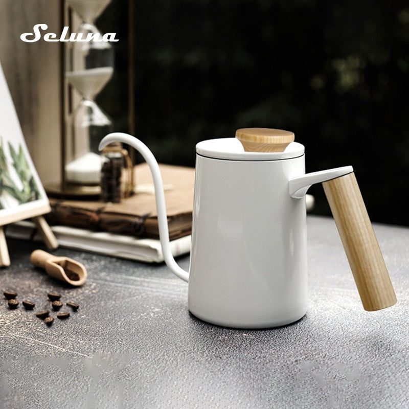 600ml Stainless Steel Gooseneck Drip Coffee Kettle Wood Handle Barista Coffee Pot Long Spout Kettle Stovetop Pour Over Teapot