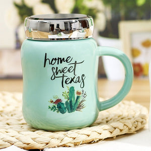 500ml Cactus pattern green mug with lid,single layer Korean creative mug Drinkware Cute cartoon mugs mirror cover ceramic cup